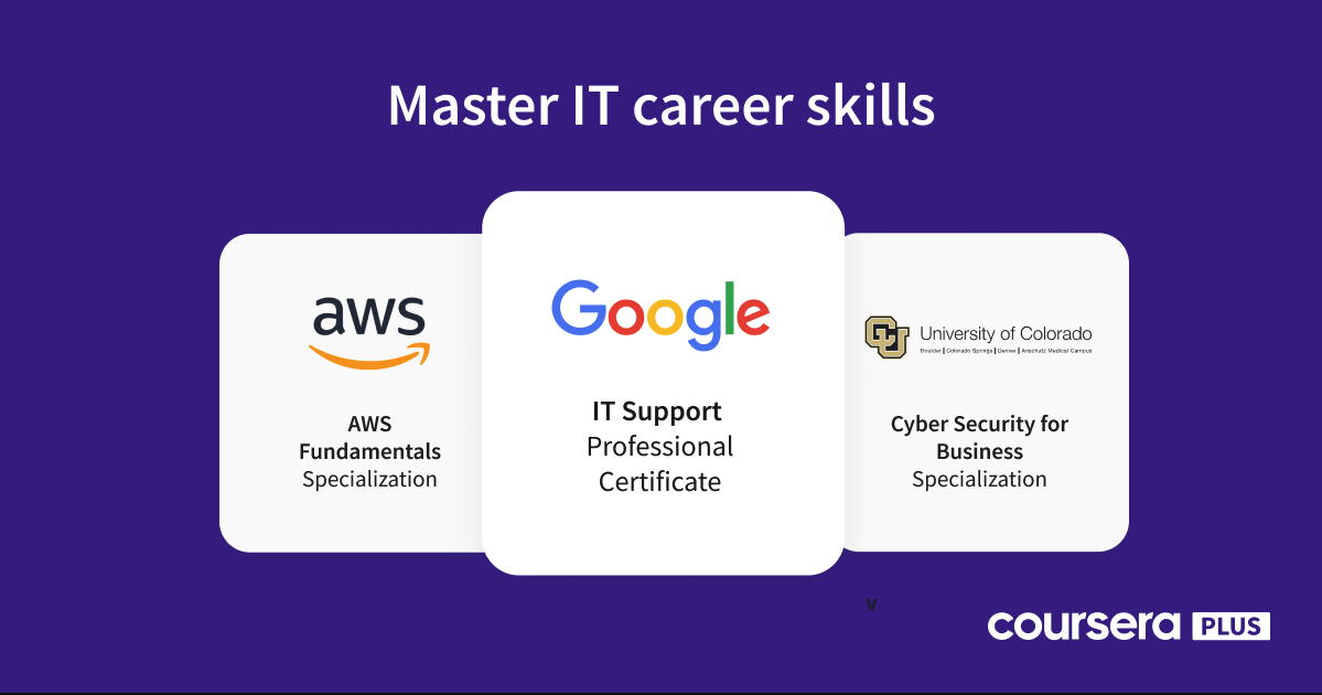 Coursera Plus 訂閱產品包括 AWS 基礎、Google IT 支援專業憑證和商業網路安全專業化。