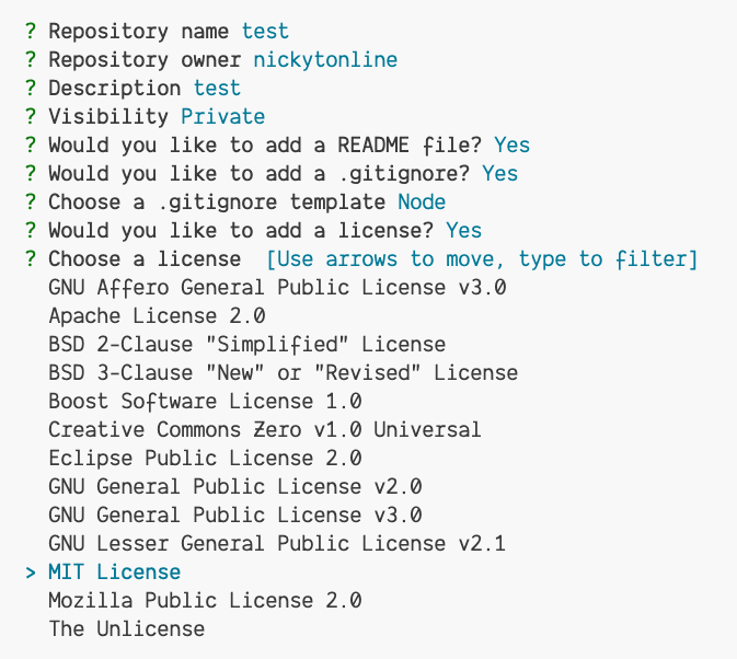 MIT License selected in the GitHub CLI