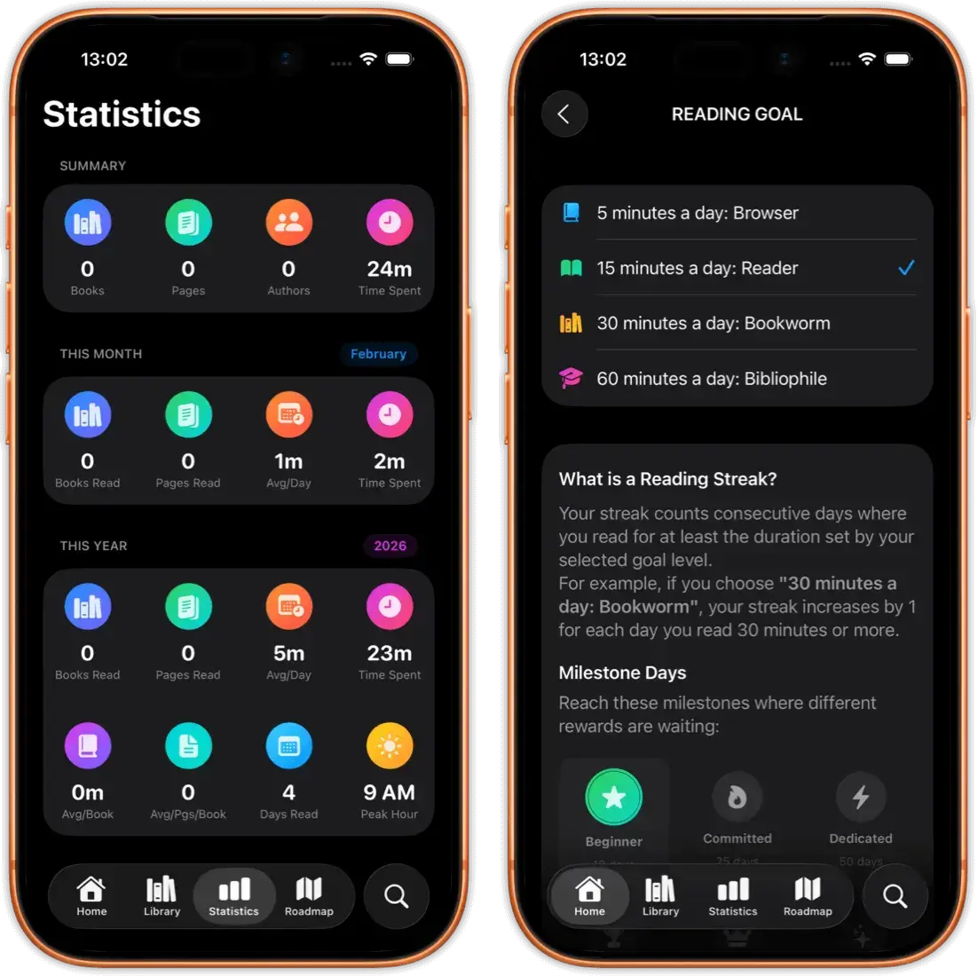 Statistics (still in beta) with reading streak.