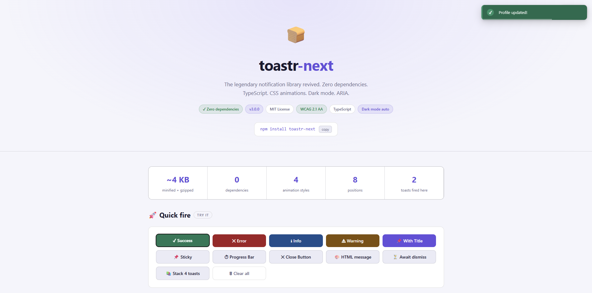 toastr-next live demo — light mode