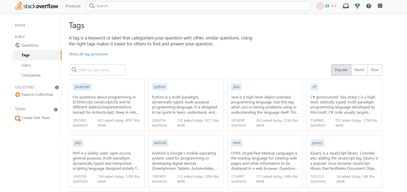 Tags page on Stackoverflow