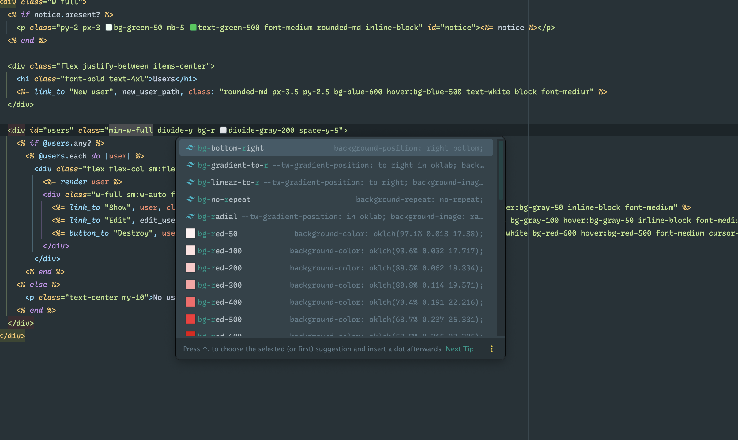 rails code showing tailwind suggestion classnames