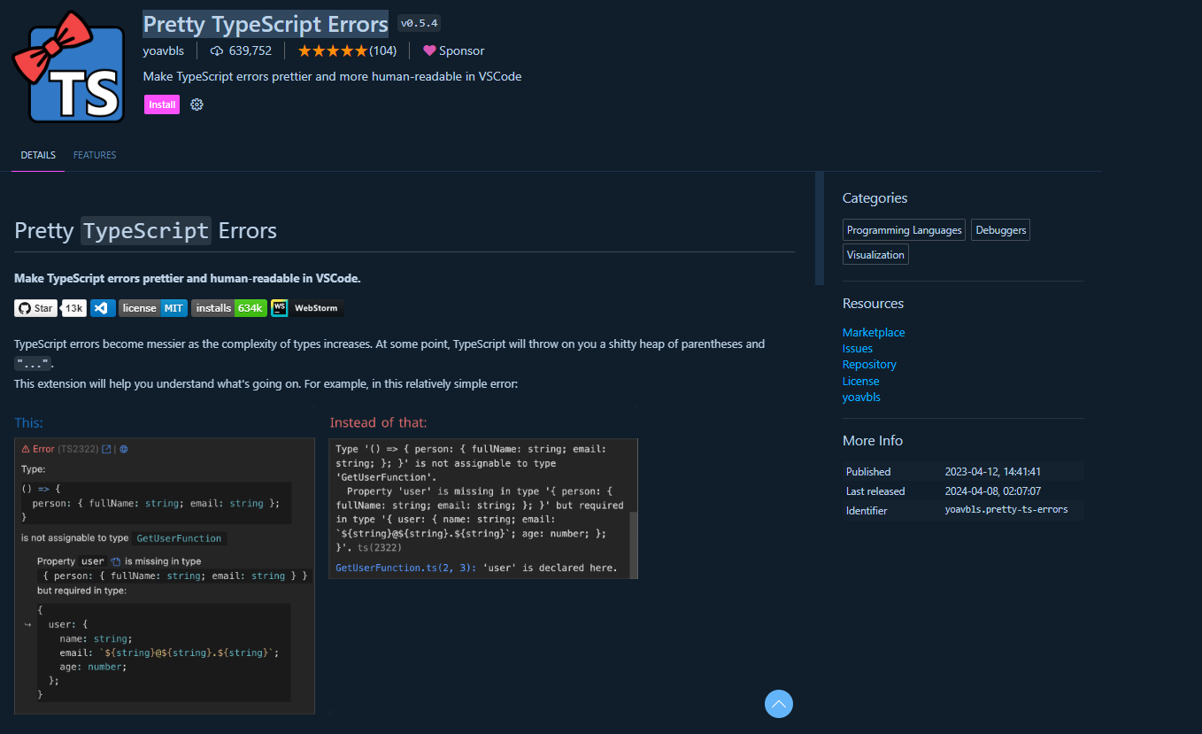 Image of the VScode extension called Pretty TypeScript Erros