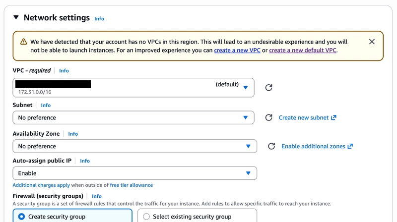 Network settings with VPC selected