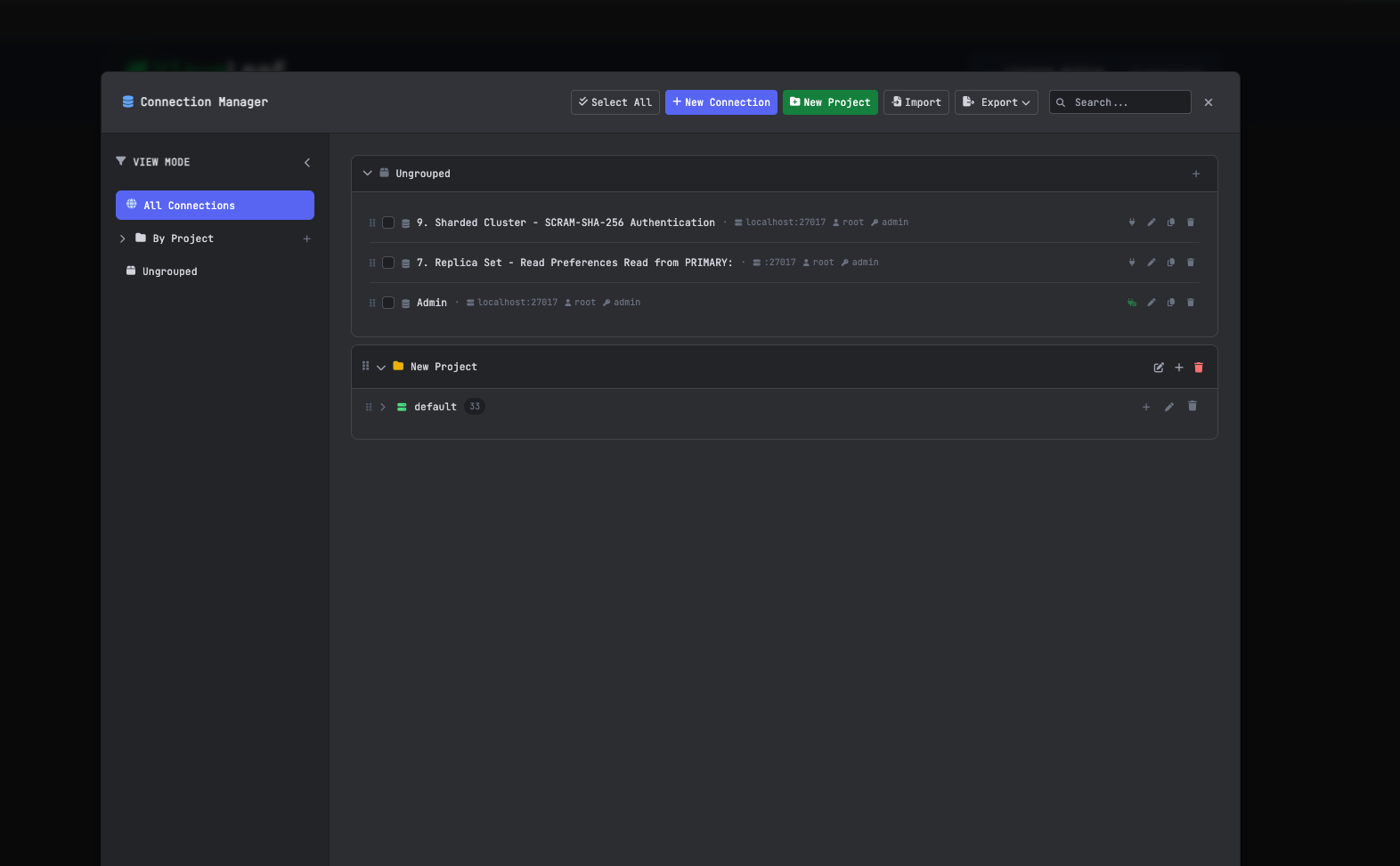 MongoDB connection manager showing multiple database environments and connections in one interface