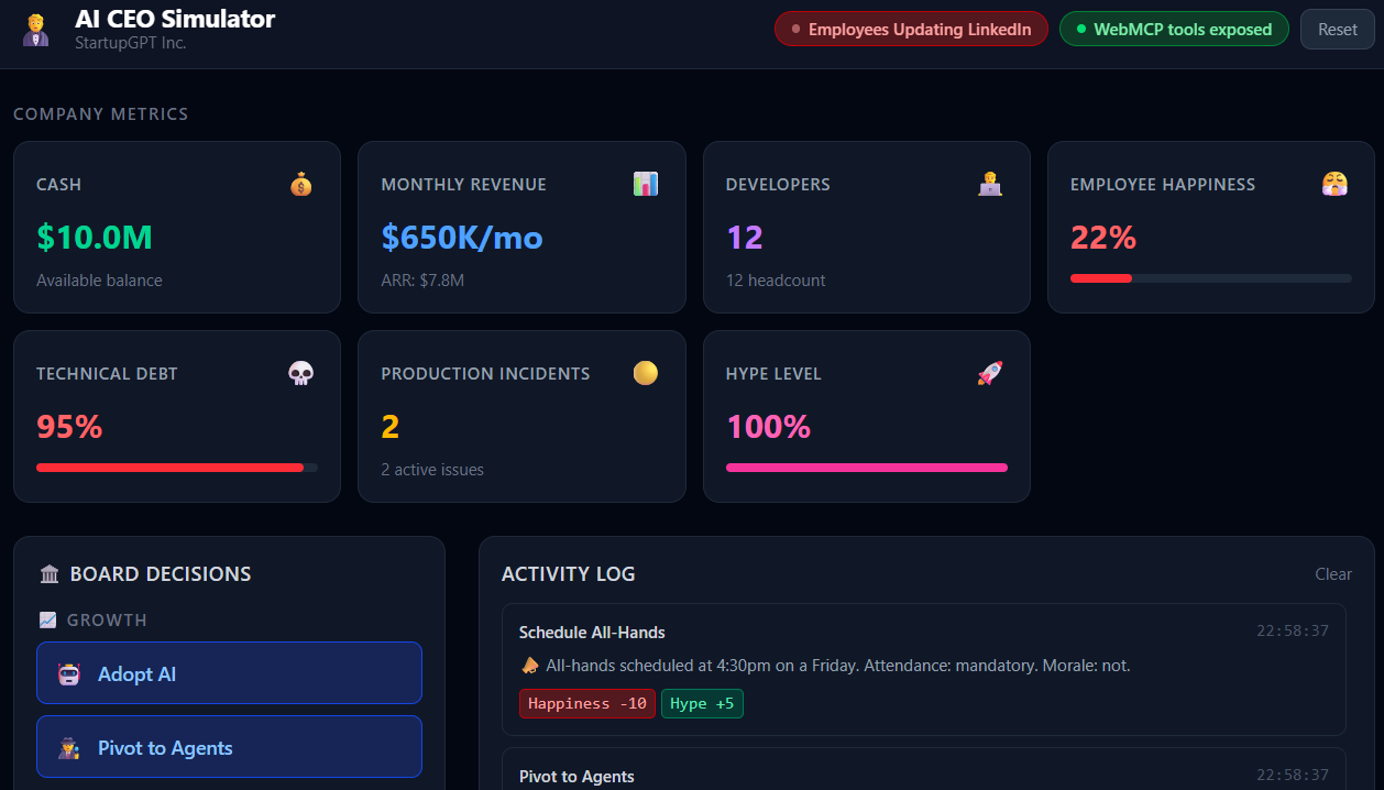 webMCP AI CEO simulator - prompt by crazy CEO, outcome 2