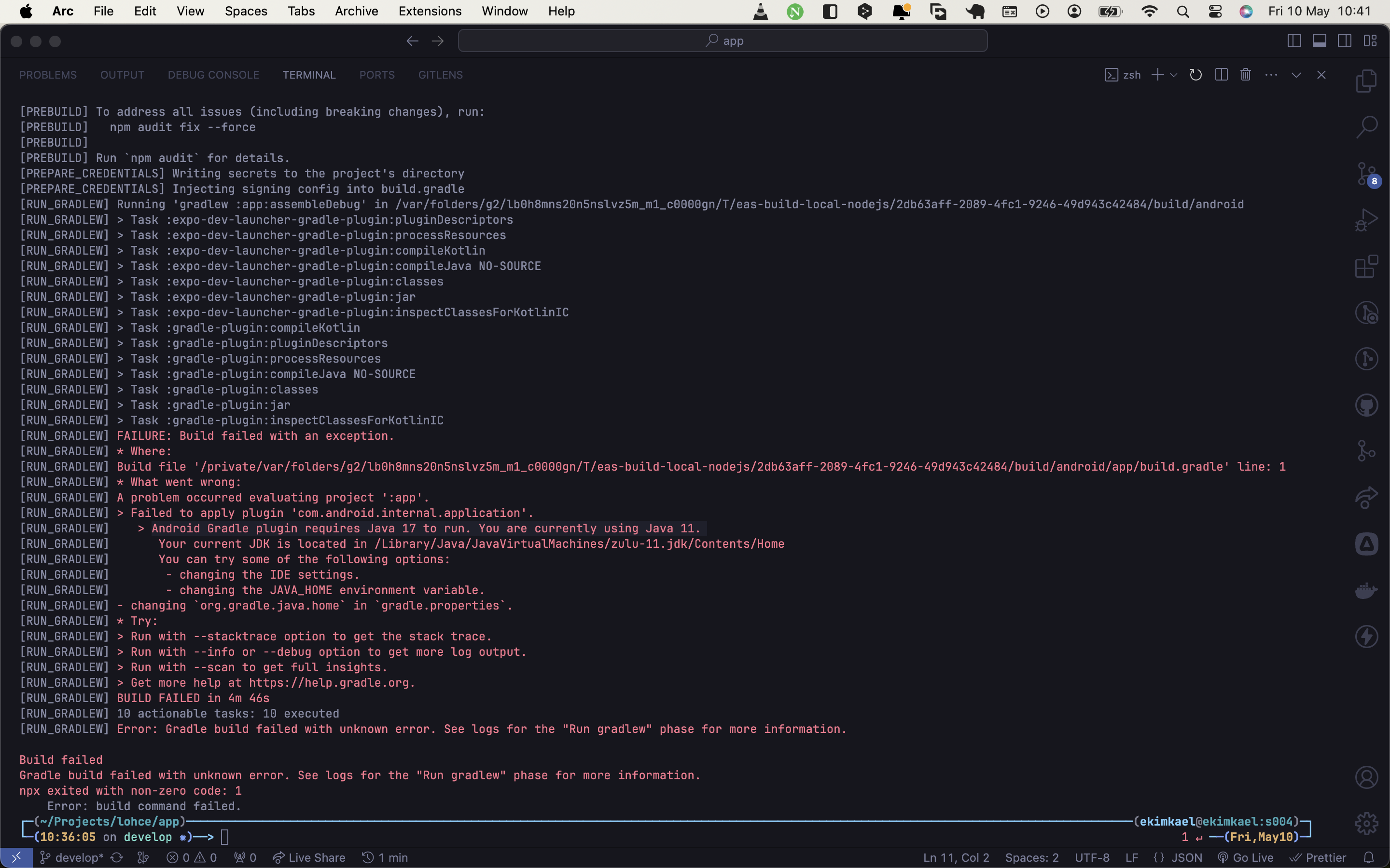 screenshot of error log when java 17 is not used