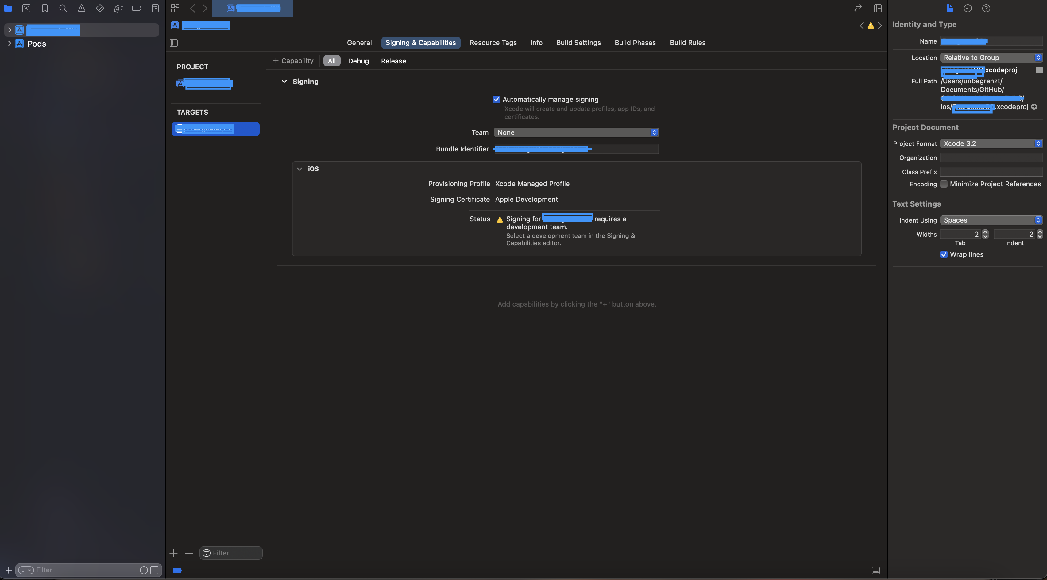 Xcode sign tab