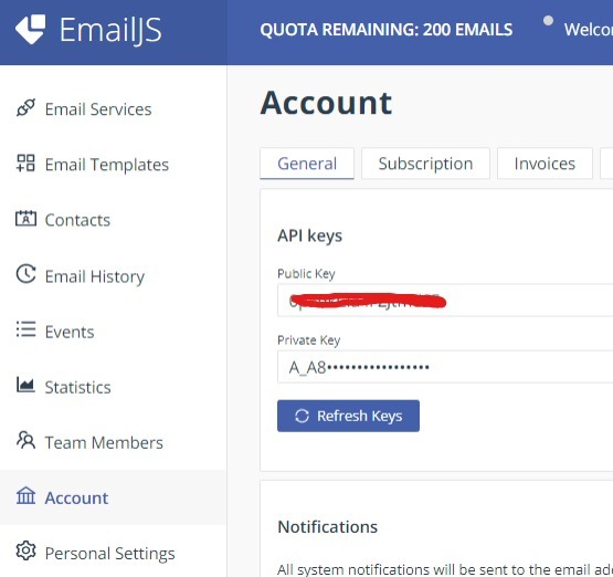 How to get public key or user ID on EmailJS