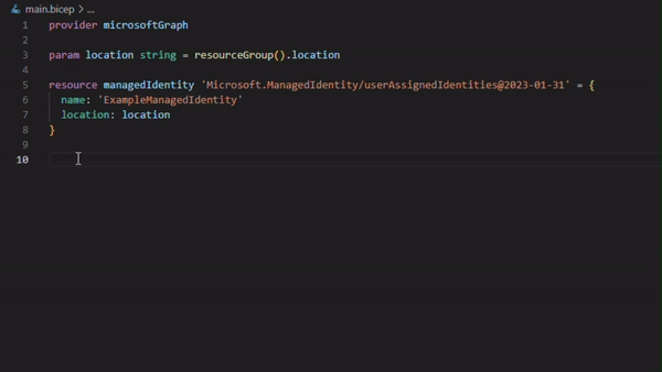 Editing a Bicep file containing Microsoft Graph resources