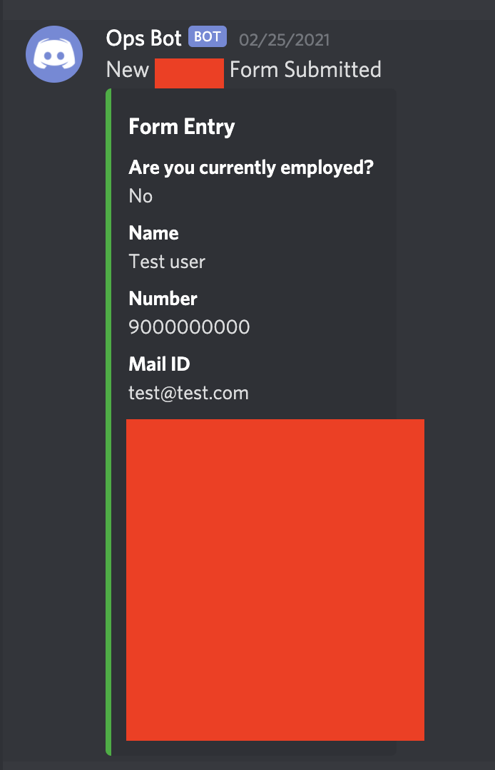 Discord channel showing the form submission embed