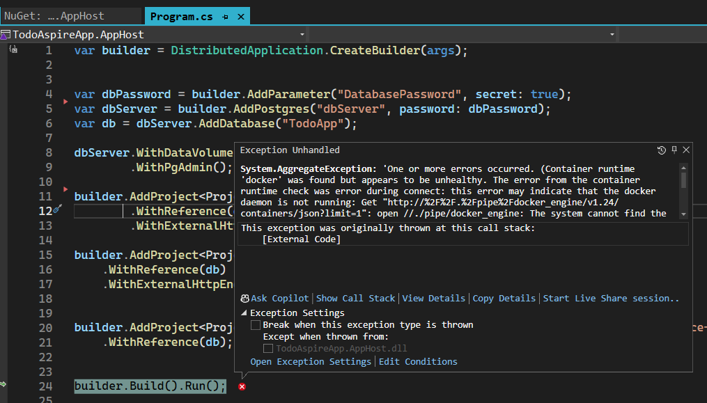 Imagem de erro ao subir a aplicação com o sem subir o serviço do docker