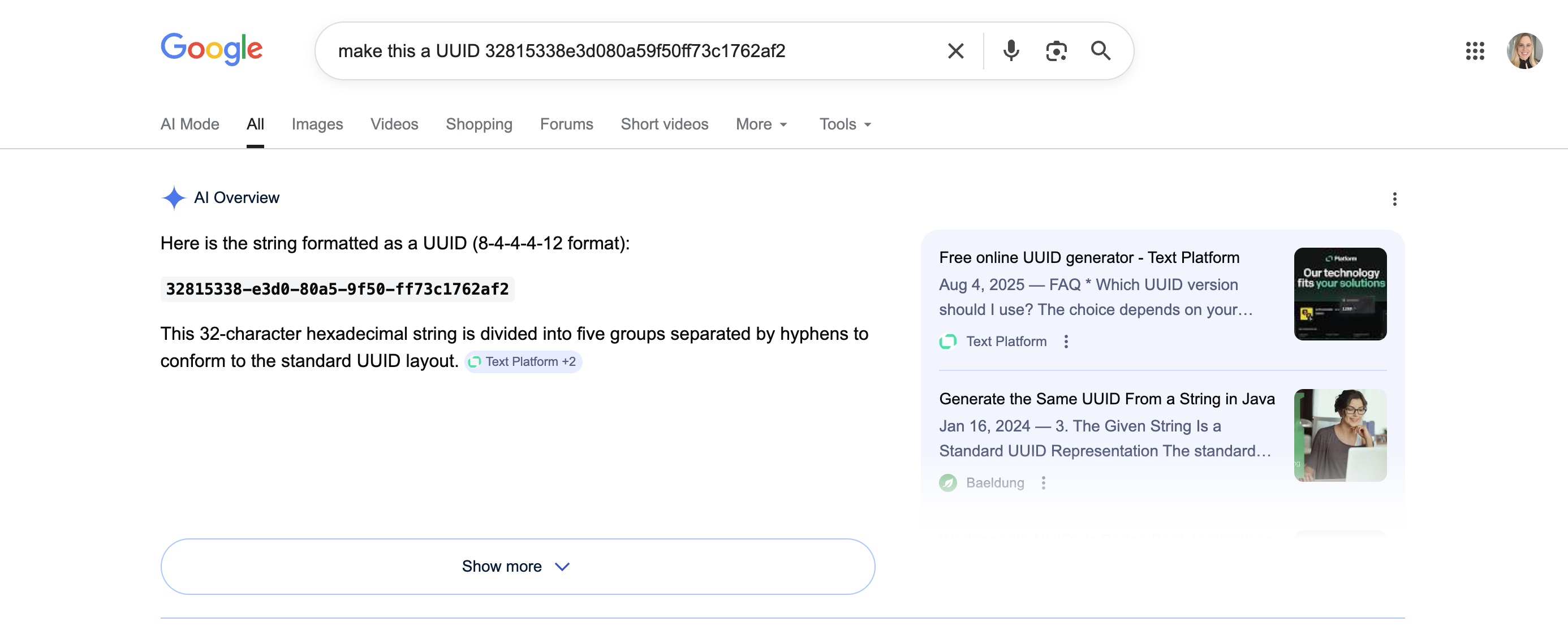 A Google Search bar and AI summary turning a string of characters into a UUID format