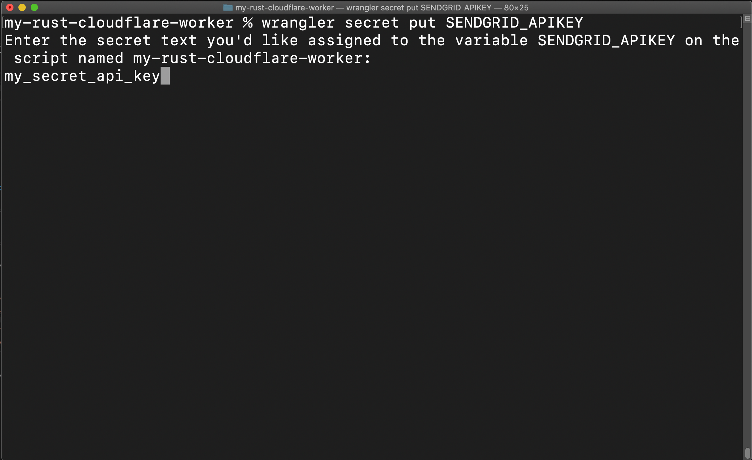 Getting Started with Rust Cloudflare Workers: Wrangler Secret: Terminal screenshot: user has entered "wrangler secret put SENDGRID_APIKEY" and Terminal is promting user to enter the secret text which is printed to the Terminal