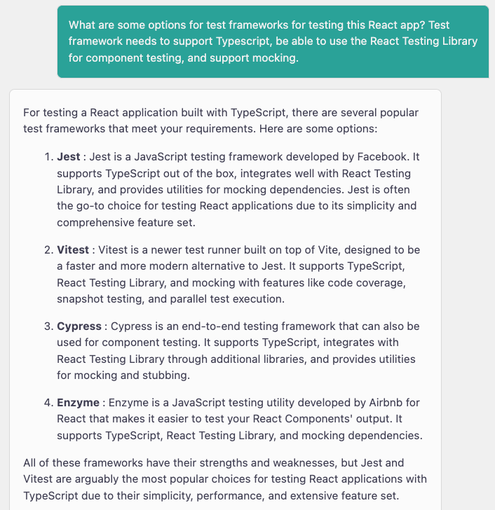 Amazon Q prompt asking for test framework options