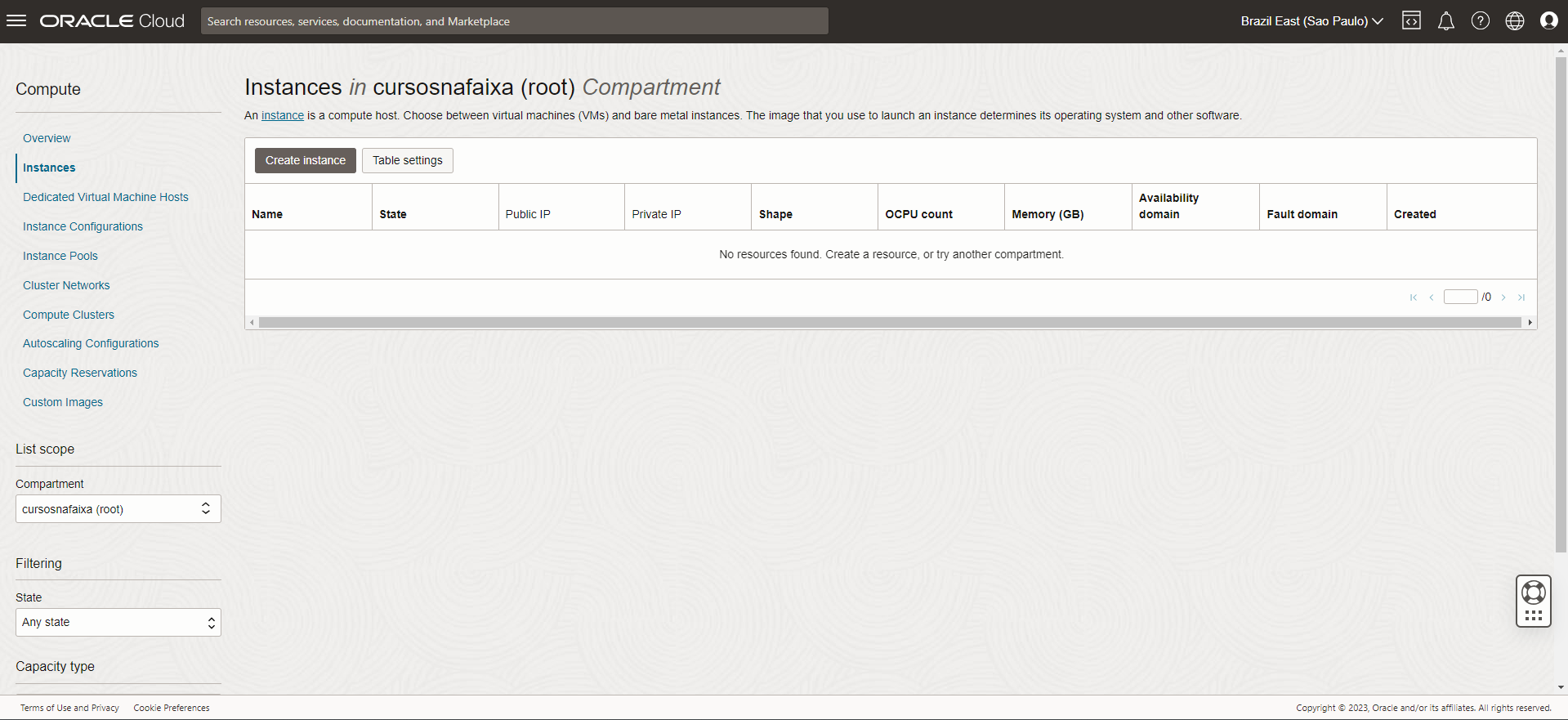 Tela de instâncias - CREATE INSTANCE