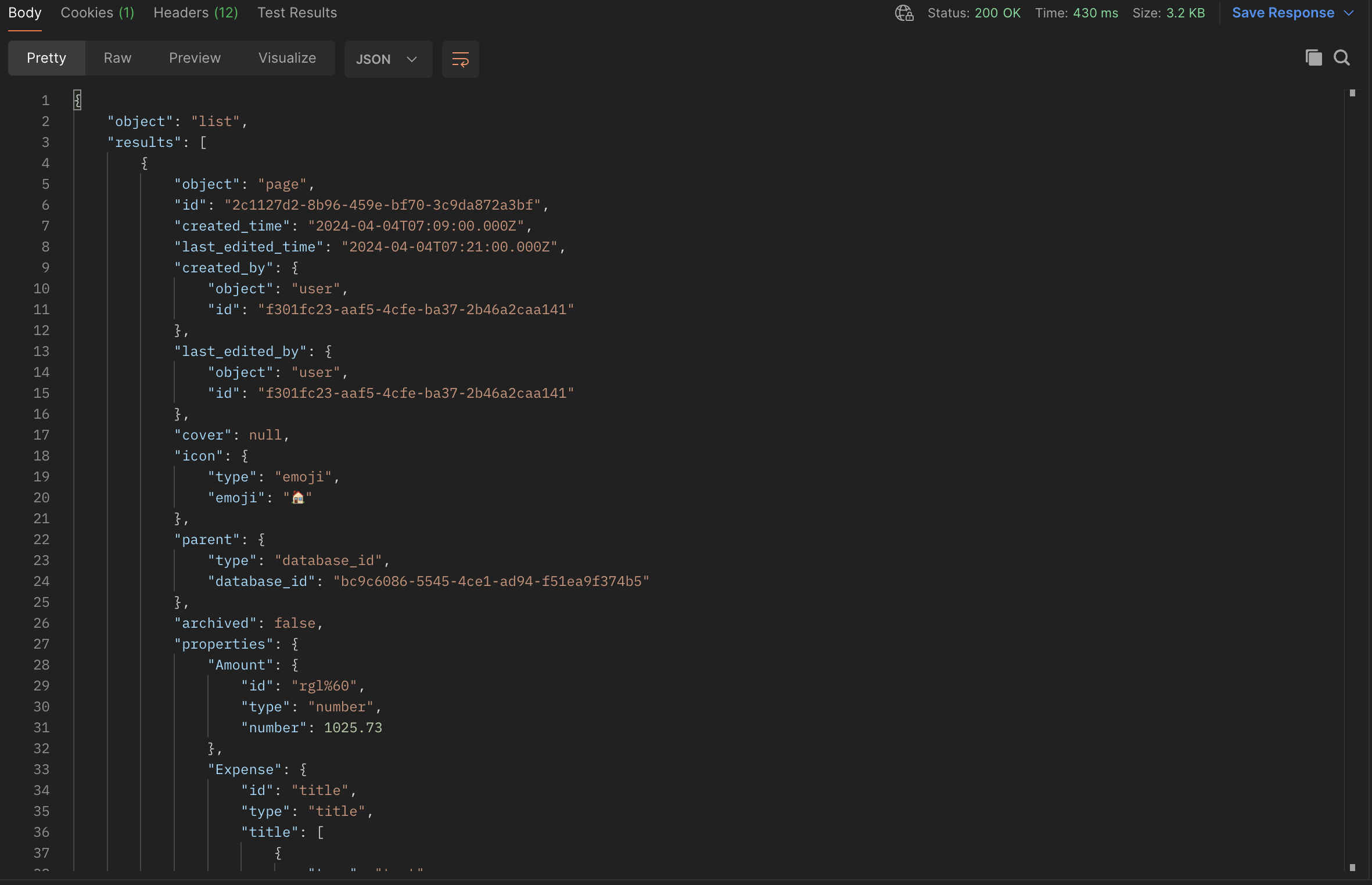 Database query result