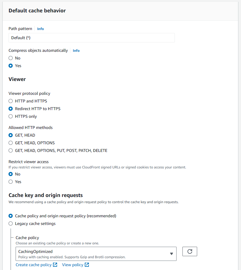 AWS Cloudfront cache behavior settings screenshot