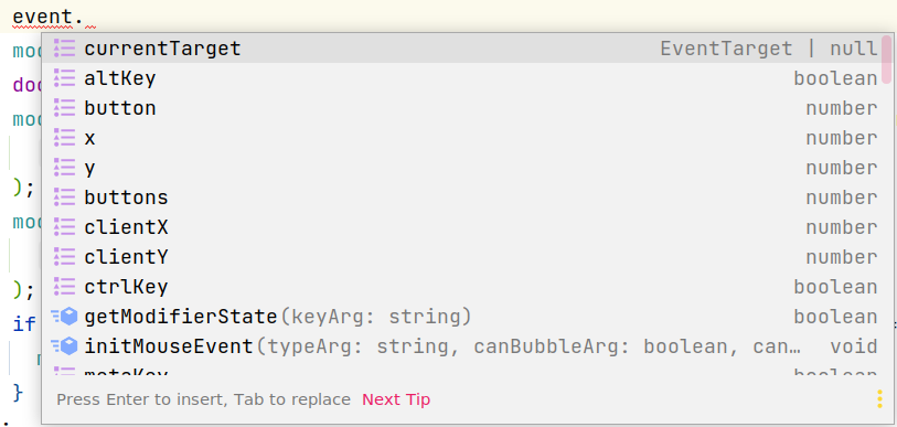 Image showing code completion suggestions for 'event.' in PhpStorm