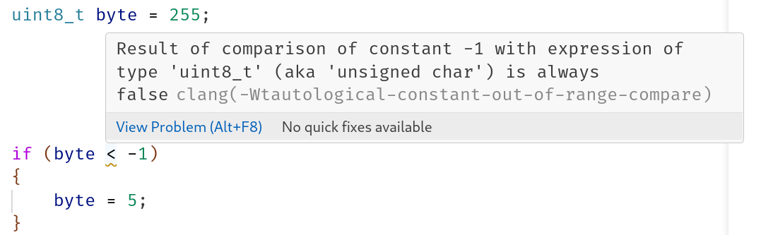 Clang will warn if an unsigned if compares against a negative number
