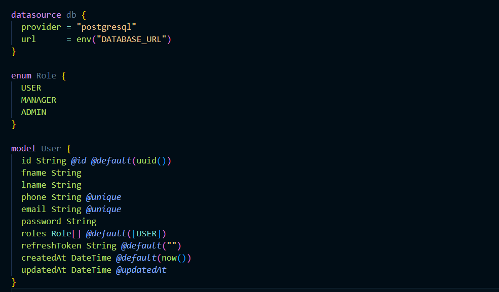 updated prisma.schema file with User model and Role enum