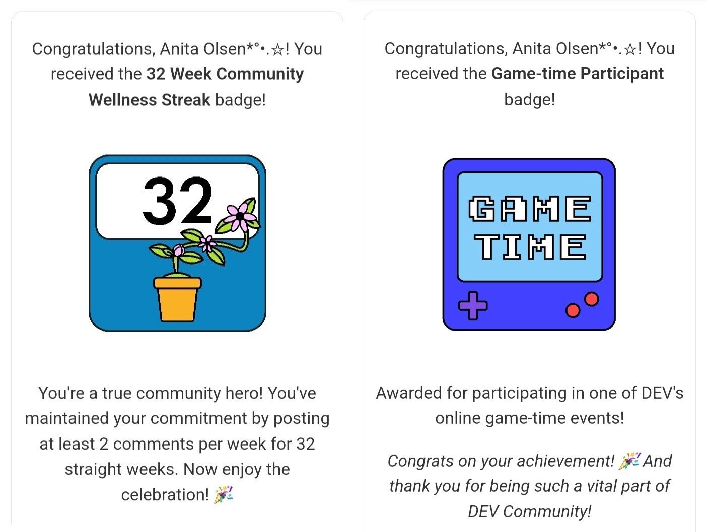 32 Week Community Wellness Streak Badge and Online Game-Time Participant badge