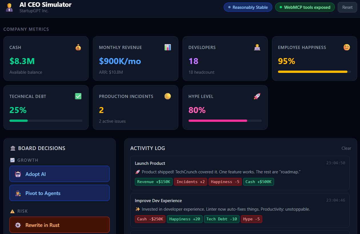 webMCP AI CEO simulator - prompt by good CEO - outcome